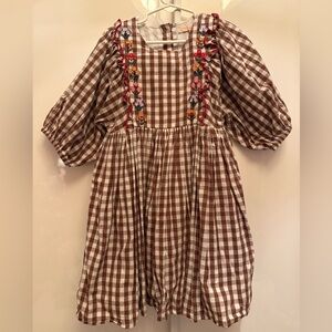 Pink Chicken Gingham Dress with Floral Embroidery